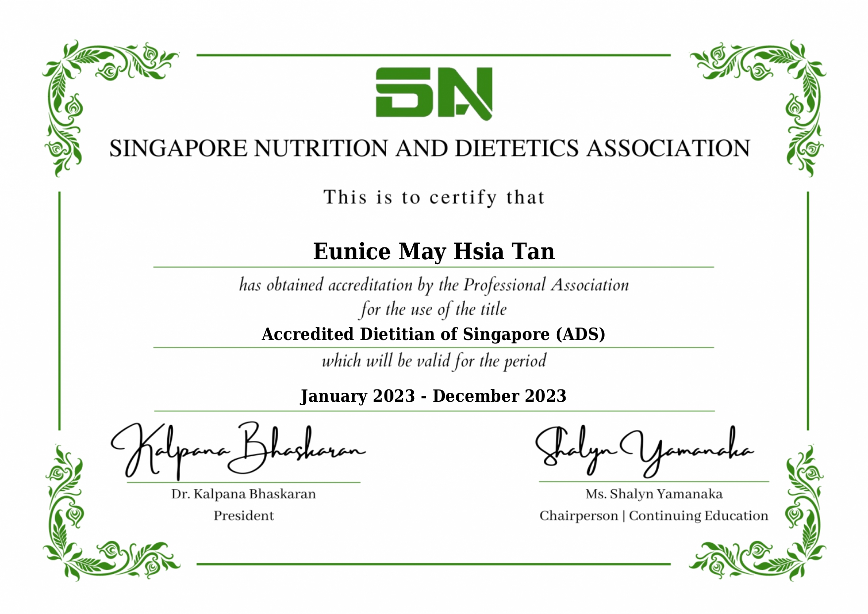 Eunice Tan Dietitian Certificate