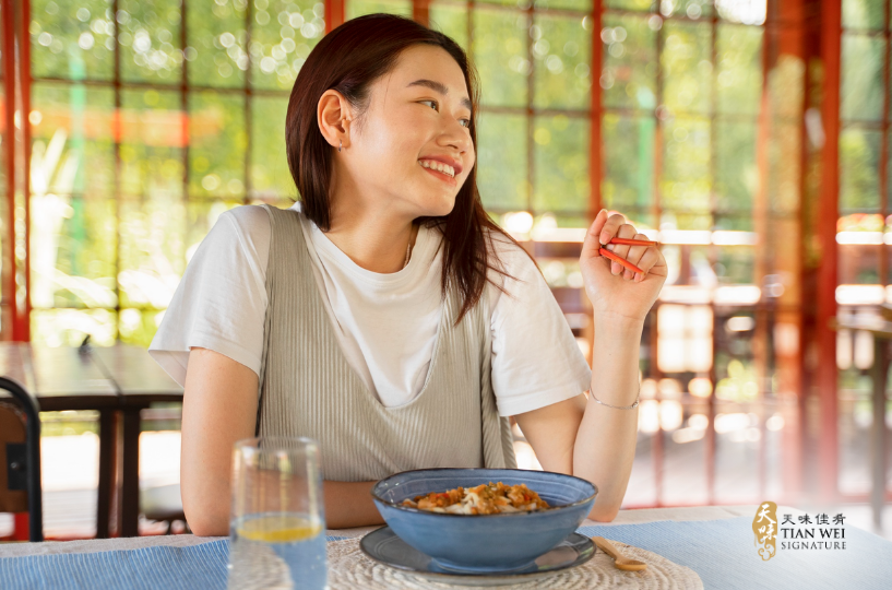 Happy mummy eating a proper meal